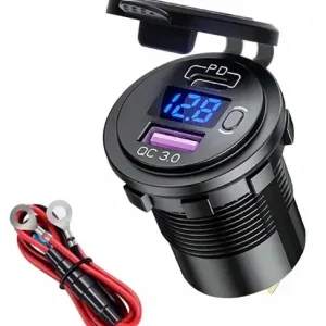 Niska cena ŁADOWARKA SAMOCHODOWA USB QC3.0 + PD USB C WOLTOMIERZ PRZYCISK ON/OFF