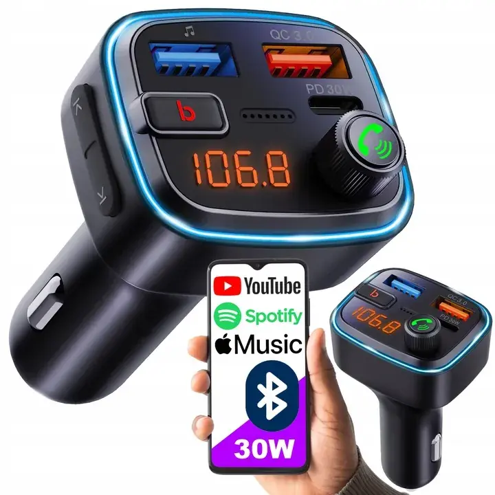 Kup teraz TRANSMITER FM BLUETOOTH 5.3 QC 3.0 PD30W MOCNY BASS ŁADOWARKA MIKROFON