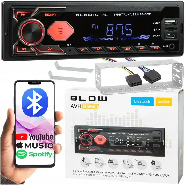 Darmowa dostawa RADIO SAMOCHODOWE BLUETOOTH 1-DIN RDS USB-C AUX RCA SD MP3 LCD MIKROFON