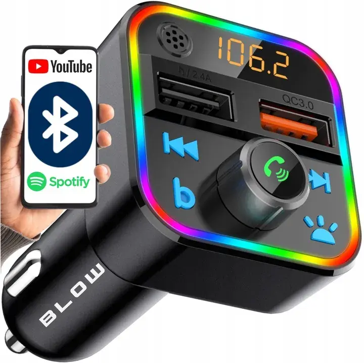 Bezpieczna płatność TRANSMITER FM BLUETOOTH MP3 SD ŁADOWARKA 2xUSB RGB SZYBKIE ŁADOWANIE QC3.0