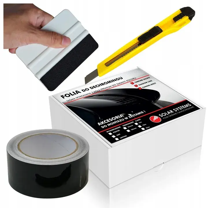 Folia Taśma Dechroming Czarny Połysk Na Listwy Progi 3,5cmx10M Rakla Nożyk Oryginalny