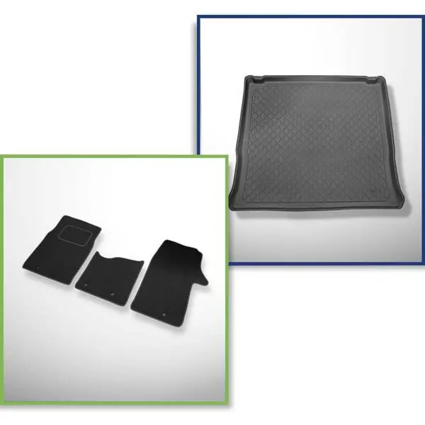 Zestaw: dywaniki welurowe + mata do bagażnika do Opel Vivaro B (09.2014-2018) - wersja osobowa (kombi/tour); za trzeci rząd siedzeń; wersja long; siedzenia nieprzesuwne, mocowane na hakach Wysoka jakość