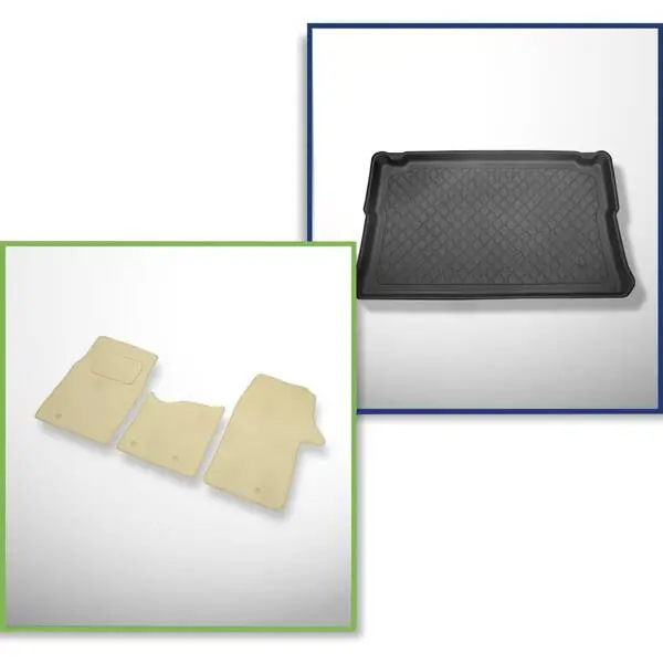 Zestaw: dywaniki welurowe + mata do bagażnika do Opel Vivaro B (09.2014-2018) - wersja osobowa (kombi/tour); za trzeci rząd siedzeń; wersja short; siedzenia nie przesuwne, mocowane na hakach Nowość