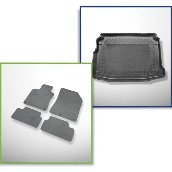 Bezpieczna płatność Zestaw: dywaniki welurowe + mata do bagażnika do Peugeot 308 II (08.2013-11.2021) - górny bagażnik (równy próg załadunkowy); z prawą wnęką; z pełnym kołem zapasowym