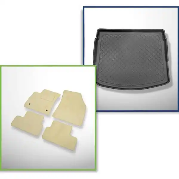 Zestaw: dywaniki welurowe + mata do bagażnika do Renault Megane IV (09.2016-....) - górny bagażnik (równy próg załadunkowy); ruchoma podłoga w najwyższym położeniu; nie do E-Tech Plug-in Hybrid Nowość