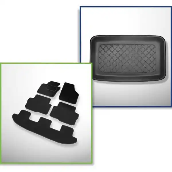 Zestaw: dywaniki welurowe + mata do bagażnika do Seat Alhambra II (09.2010-2020) - 7 miejsc; trzeci rząd podniesiony (na przestrzeń za trzecim rzędem siedzeń) Tani