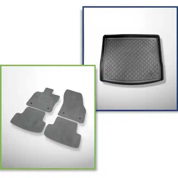 Zestaw: dywaniki welurowe + mata do bagażnika do Skoda Karoq (11.2017-....) - górny bagażnik; z pełnym kołem zapasowym; ruchoma podłoga w najwyższym położeniu Premium