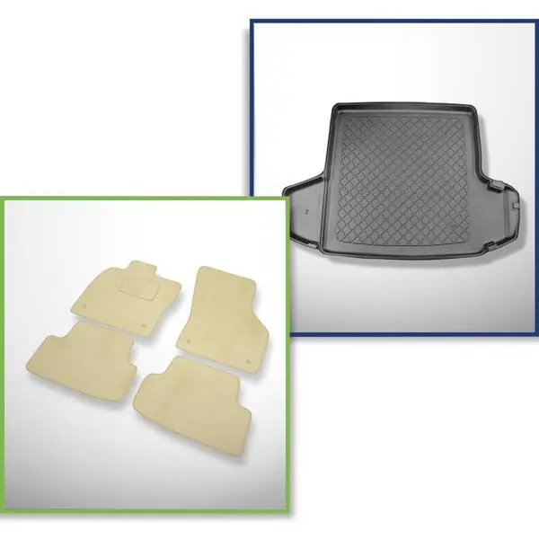 Zestaw: dywaniki welurowe + mata do bagażnika do Skoda Octavia III 5E (05.2013-2019) - górny bagażnik (równy próg załadunkowy); z prawą i lewą (usuwalną) wnęką Szybka dostawa