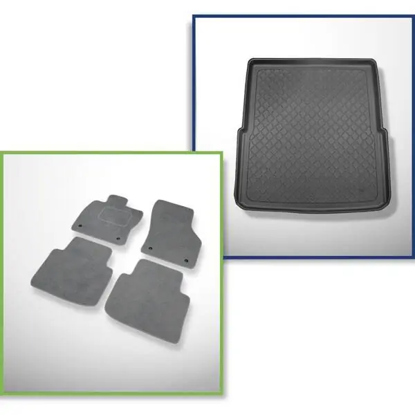 Zestaw: dywaniki welurowe + mata do bagażnika do Skoda Superb III 3V (09.2015-11.2023) - górny bagażnik (z multifunkcyjną podłogą); nie do wersji hybrydowej Oferta