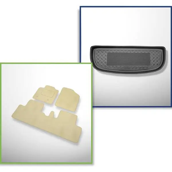 Zestaw: dywaniki welurowe + mata do bagażnika do Toyota Avensis Verso II (2003-2008) - 6/7 miejsc; na przestrzeń za trzecim rzędem siedzeń Wysoka jakość