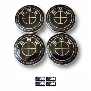 Wysoka jakość Dekielki BMW 68mm + NAKLEJKI M POWER (KOMPLET) DEKLE KAPSLE CZARNE 50Y