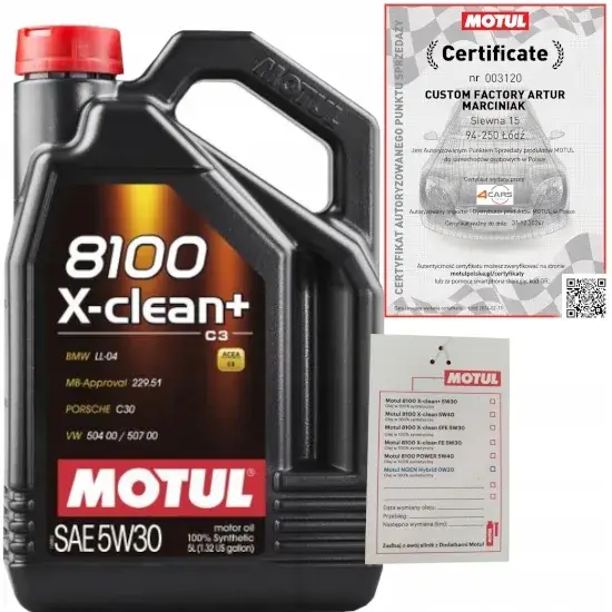 Ekspresowa dostawa MOTUL 8100 X-CLEAN+ 5W30 C3 5L BMW LL-04 VW 504 00/ 507 00 + ZAWIESZKA