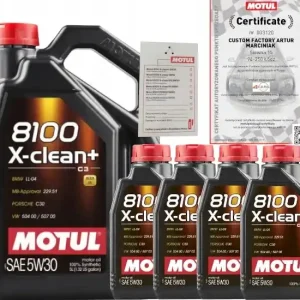 Popularny MOTUL 8100 X-CLEAN+ 5W30 C3 9L BMW LL-04 VW 504 00/ 507 00 + ZAWIESZKA