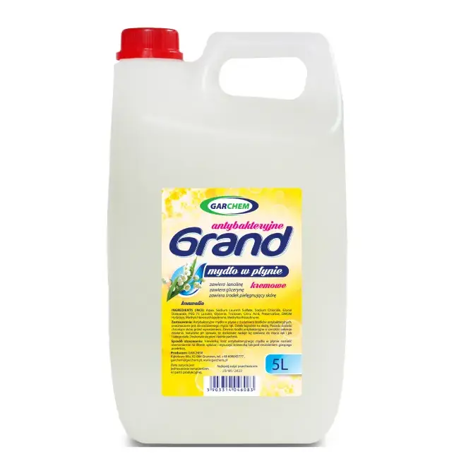 Mydło Do Mycia W Płynie Antybakteryjne Lanolina Gliceryna GRAND 5L Konwalia Wysoka jakość