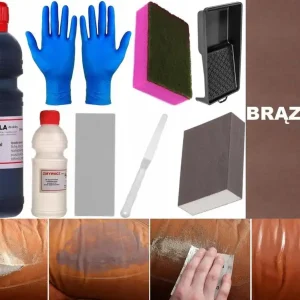 Autentyczny Brązowy ZESTAW do NAPRAWY SKÓRY Szpachla Zmywacz MASA WYPEŁNIAJĄCA Renoskór